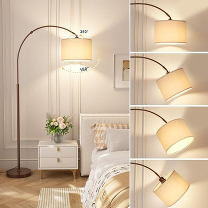 Ambimall Dimmable Arc Floor Lamp with Remote, Color Temperatures and Brightness Adjustable, Arched Floor Lamp with Rotating Head, Over Couch Arched Reading Light for Living Room (Deep Beige and Brown)