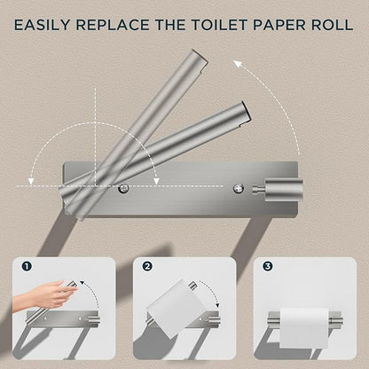 FORIOUS Adhesive Toilet Paper Holder Brushed Nickel, Self Adhesive or Wall Mounted Options, Stainless Steel Rustproof Stick on no Drilling Pivoting Toilet Tissue Roll Holder Wall Mount for Bathroom