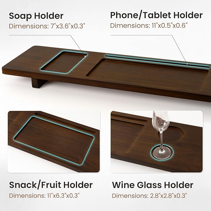 Teak Bathtub Tray - Wood Bath Caddy Tray 29" for Small Tubs - Adjustable Bathtub Table Trays - Luxury Shower Organizer for Home Spa Relaxation and Reading - Dark Walnut Color
