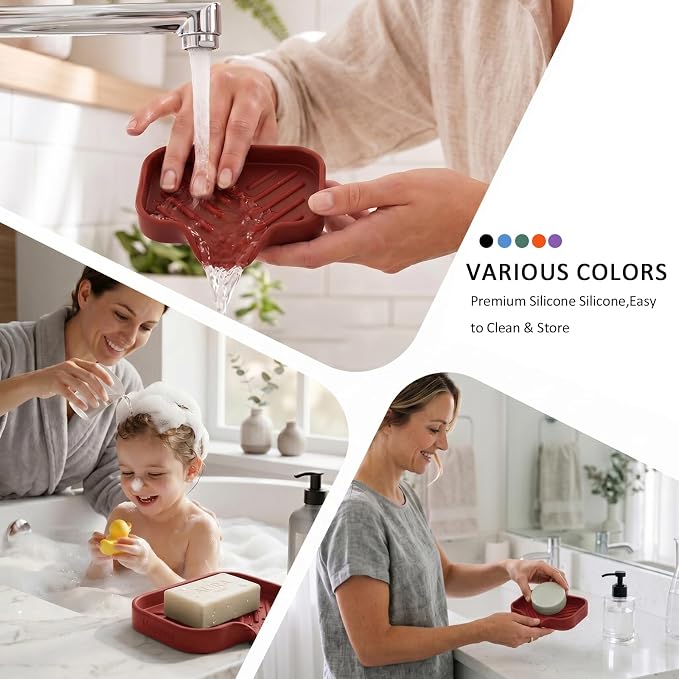 MicoYang Silicone Soap Dish with Drain Spout, Self-Draining Sink Organizer Tray for Bathroom and Kitchen, Sponges, Dispensers and Soap Holder, Non-Slip and Dishwasher Safe, Red (Compact, 4.9"×3.2")