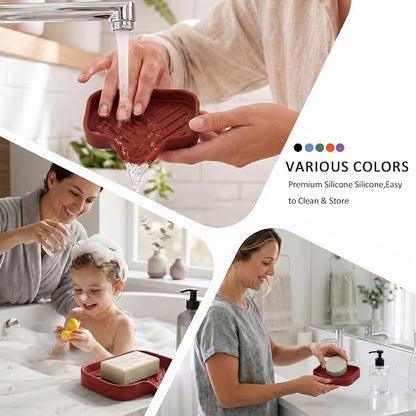 MicoYang Silicone Soap Dish with Drain Spout, Self-Draining Sink Organizer Tray for Bathroom and Kitchen, Sponges, Dispensers and Soap Holder, Non-Slip and Dishwasher Safe, Red (Compact, 4.9"×3.2")