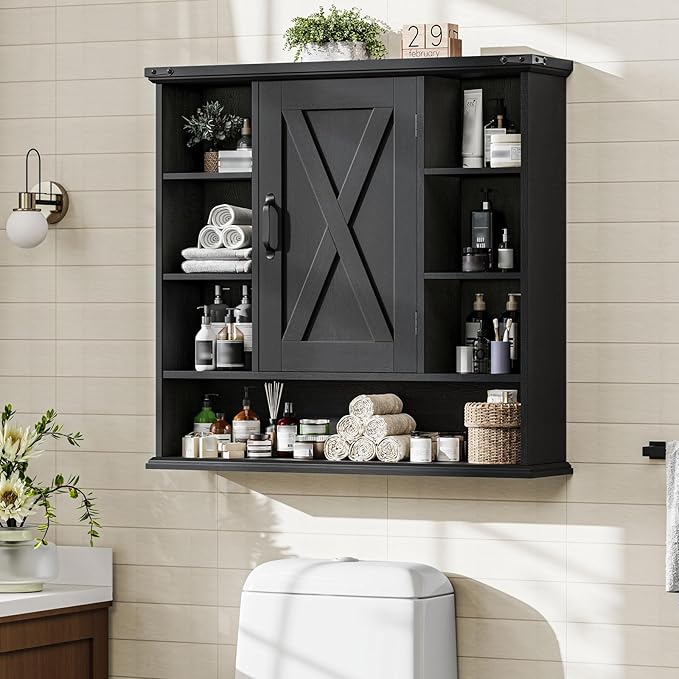 Bathroom Wall Cabinet, Farmhouse Medicine Cabinet with Adjustable Shelves and Barn Doors, Large Wall Mounted Over The Toilet Storage Cabinet for Bathroom, Laundry Room, Kitchen, Rustic Black