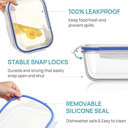 Vtopmart 2Pack 2260ml/ 76.4oz Large Glass Storage Containers with Lids, Meal Prep Food Container Set with Snap Airtight Lid for Baking, Microwave, Oven, Leak Proof, for Freezer, Dishwasher, Blue