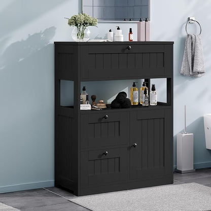 GRUSIGN Storage Cabinet, Modern Bathroom Floor Storage Cabinet Organizer with 1 Door and 3 Drawers, Freestanding Cupboard for Kitchen/Living Room Use