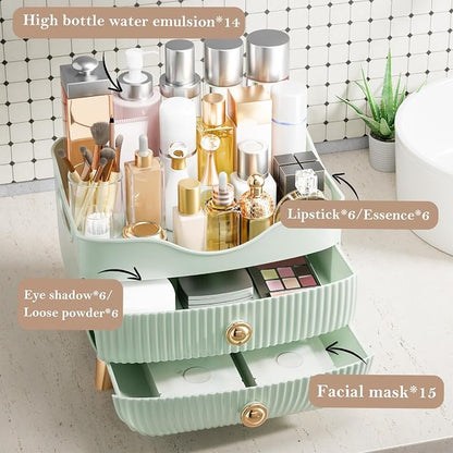 Makeup Organizer for Vanity, Large Capacity Skincare Cosmetic Organizer Countertop with 2 Drawers, Cosmetic Display Cases Makeup Storage Box for Bedroom, Bathroom, Ideal Gifts for Women(Green)
