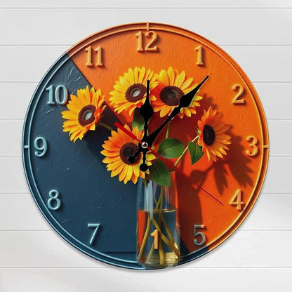 Wall Clock， Sunflower Modern Non Ticking Wall Clocks Battery Operated， Orange and Blue Wooden Wall Clocks for Kitchen， Living Room， Bedroom， Office， Bathroom Decorative 25 * 25cm