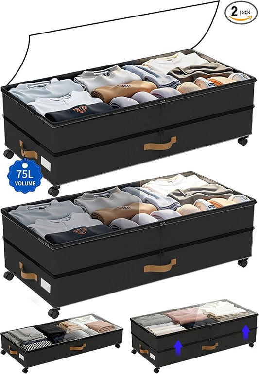 Under Bed Storage with Wheels 2-Pack, 75L XXL Under the Bed Storage Containers Large, 12" Tall Adjustable Storage for Underbed with Lids, Rolling for Clothes, Shoes, Blankets (Black)