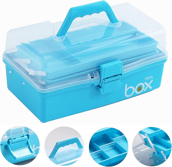 Kinsorcai 2PCS 12'' Three-Layer Clear Art Box Organizer, Multipurpose Plastic Craft Box with Handle (Blue)