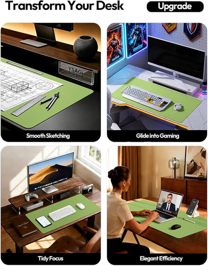 YSAGi Leather Desk Protector, Office Mat, Large Mouse Mat, Non-Slip PU Leather Blotter, Laptop Pad, Waterproof Writing Pad for Office and Home (Leaf Green, 23.6" x 13.8")