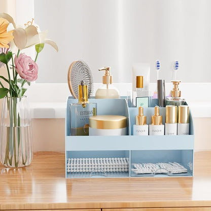 Makeup Organizer with Drawers, Cosmetic Storage for Dresser Vanity and Bathroom Countertop, Beauty Holder for Lipstick Brush, Skincare Organizer for Vanity, Cosmetic Display Case (Blue)
