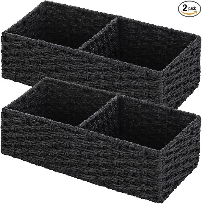 Vagusicc 2 Section Wicker Storage Basket, Black Wicker Baskets, Toilet Tank Basket, Small Baskets for Organizing Storage Shelves, 2-Pack