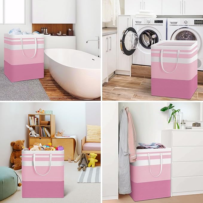 HomeHacks 2 Pack Large Laundry Baskets, Waterproof, Freestanding Laundry Hampers, Collapsible Clothes Hamper with Reinforced Handles in Laundry, College Dorm, Bathroom, Bedroom (Pink, 125Lx2)