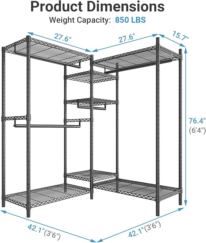 VIPEK L6 Heavy Duty Clothes Rack L Shape Clothing Rack 5-Tier Wire Garment Rack Freestanding Closet with 7 Adjustable Shelves & 4 Hanging Rods, 42.1" L x 42.1" W x 76.4" H, Max Load 850LBS, Black