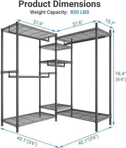 VIPEK L6 Heavy Duty Clothes Rack L Shape Clothing Rack 5-Tier Wire Garment Rack Freestanding Closet with 7 Adjustable Shelves & 4 Hanging Rods, 42.1" L x 42.1" W x 76.4" H, Max Load 850LBS, Black