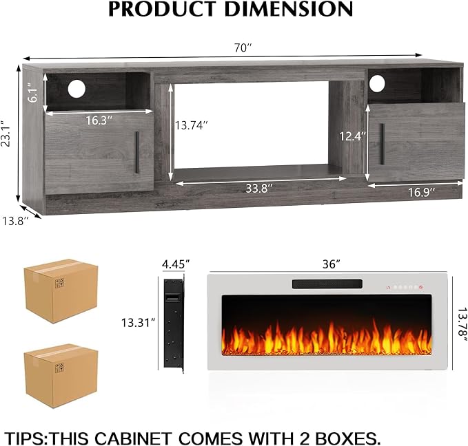 LEMBERI 70" Grey TV Stand with 36" White Electric Fireplace, 750W/1500W Entertainment Center for TVs up to 80", 20-Color LED, 300lbs Max Capacity High Gloss Cabinet, Grey & White Style