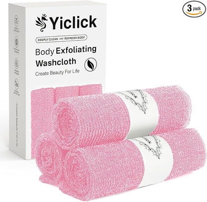 Yiclick Exfoliating Washcloth Towel, Japanese Exfoliating Bath Wash Cloth for Body Exfoliation, Korean Back Scrubber Washer for Shower, African Net Sponge Brush Loofah Exfoliator (Pink)