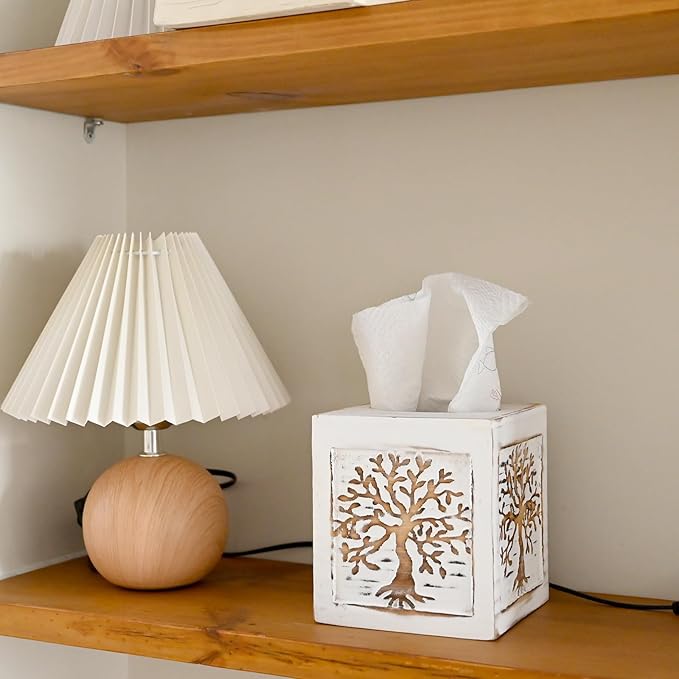 SwallowLiving Wooden Tissue Box Cover Square - Weighted Farmhouse Facial Tissue Holder with Sliding Bottom - Distressed White Tree of Life Dispenser for Bathroom Vanity, Bedroom & Living Room Decor