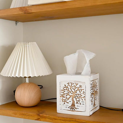SwallowLiving Wooden Tissue Box Cover Square - Weighted Farmhouse Facial Tissue Holder with Sliding Bottom - Distressed White Tree of Life Dispenser for Bathroom Vanity, Bedroom & Living Room Decor