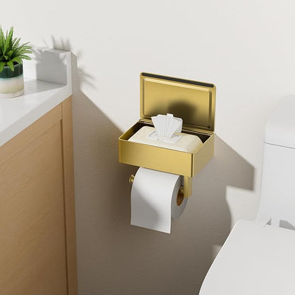 FORIOUS Toilet Paper Holder with Shelf, Sanitary Napkin Receptacle Tampon Holder, Wall Mount Toilet Paper Holder with Storage, Flushable Wipes Dispenser Fits for Bathroom Commercial(1, Brushed Gold)