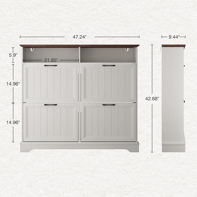 Shoe Storage Cabinet with 4 Flip Drawers, Farmhouse Modern Hidden Shoes Rack Cabinet with Adjustable Shelves & Open Storage, Narrow Slim Shoe Organizer for Front Door Entrance, Entryway, Antique White