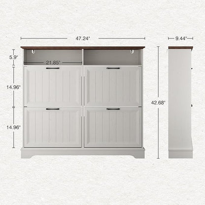 Shoe Storage Cabinet with 4 Flip Drawers, Farmhouse Modern Hidden Shoes Rack Cabinet with Adjustable Shelves & Open Storage, Narrow Slim Shoe Organizer for Front Door Entrance, Entryway, Antique White