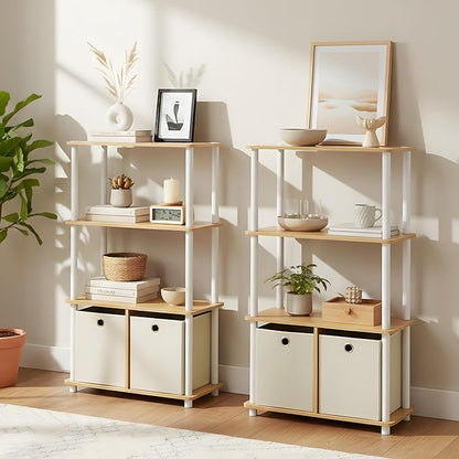Furinno Go Green 4-Tier Multipurpose Storage Rack Shelving Unit with Bins (Set of 2), Beech