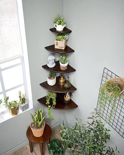Conamily Corner Shelf,12inch Walnut Solid Wood Floating Corner Shelves Wall Mount Round End Floating Speaker Rack with Wire Hole for Small Plant for Bedroom Kitchen