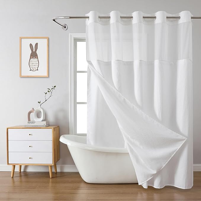 White No Hook Waffle Weave Shower Curtain with snap-in Liner Replacement, 230GSM Waterproof Fabric Hotel Shower Curtain Set for Bathroom, Through Mesh Top Window,71Wx77H