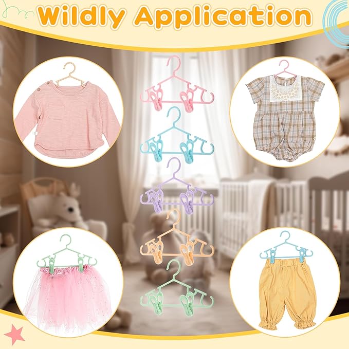 Hsei 5/10/40 Pack Baby Hangers with 10/20/80 Clips, Plastic Kids Pants Hangers for Nursery Closet Top and Bottom Clothes Hanger Set for Newborn Infant Toddler(15 Packs Total,Macaron Color,10.6 Inch)