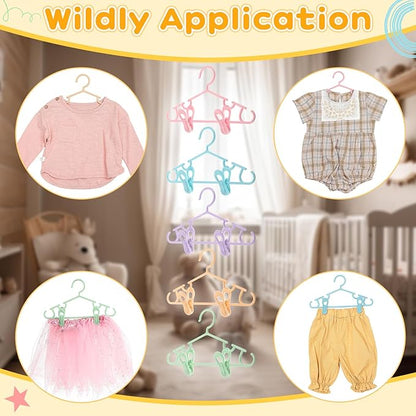 Hsei 5/10/40 Pack Baby Hangers with 10/20/80 Clips, Plastic Kids Pants Hangers for Nursery Closet Top and Bottom Clothes Hanger Set for Newborn Infant Toddler(15 Packs Total,Macaron Color,10.6 Inch)