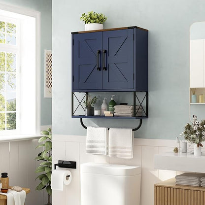 RUSTOWN Farmhouse Medicine Cabinet with 2 Barn Door, Boho Wood Wall Mounted Storage Cabinet with Adjustable Shelf and Towel Bar, 3-Tier Bathroom Cabinet for Bathroom (Navy Blue and Walnut)