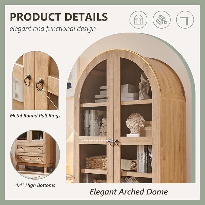 71" Tall Arched Bathroom Storage Cabinet, 4-Tier cabinet w/2 Large Drawers &Adjustable Shelves, Wooden Bathroom Floor cabinets w/Glass Doors, Modern Farmhouse Versatile Cabinets for bathroom, Natrual
