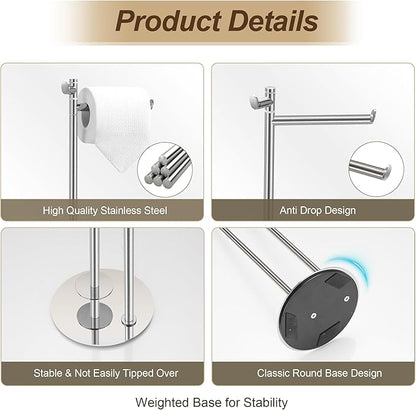 BVL Toilet Paper Holder Stand with Hook, Brushed Nickel Stainless Steel 304 Weighted Toilet Paper Holder Stand, Bathroom Freestanding Toilet Paper Holder Holds 5 Rolls