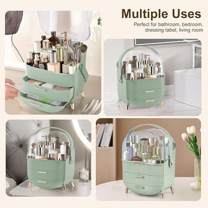 Makeup Organizer for Vanity, Large Capacity Skincare Cosmetic Organizer Countertop with 2 Drawers, Cosmetic Display Cases Makeup Storage Box for Bedroom, Bathroom, Ideal Gifts for Women(Green)