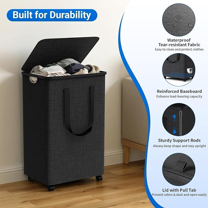 Laundry Basket with 5 Wheels, Tall Dirty Laundry Hamper, Rolling Laundry Basket with Lid, Large 90L Collapsible Clothes Hamper for Laundry Room Bedroom Bathroom Dorm, Deep Gray
