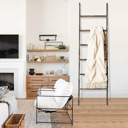 Blanket Ladder for The Living Room 6-Tier, Wooden Decorative Quilt Holder for Bed Room, Wall-Leaning Wood Towel Rack for Bathroom，Rustic Farmhouse Ladders for Display.(Black Wash)