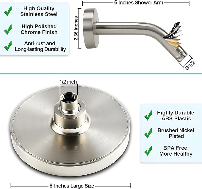 High Pressure Rainfall Shower Head, 6 Inches Showerhead with Perfect Adjustable Replacement, Removable Restrictor, Easy Installation for Your Bathroom Shower Heads(Brushed Nickel + Shower Arm)