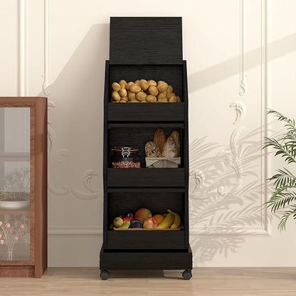ARTETHYS Potato and Onion Storage Bin with Wheels Black Set of 2 Movable Bread Box with Lid Onion Organizer with Grocery Section Decorative Vegetable Organization Cabinet for Kitchen