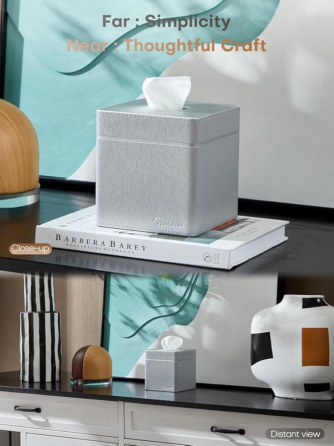 Cloudever Tissue Box Holder Cover, Modern PU Leather Square Decorative Tissue Holder Organizer-Woven New Off White