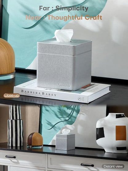 Cloudever Tissue Box Holder Cover, Modern PU Leather Square Decorative Tissue Holder Organizer-Woven New Off White