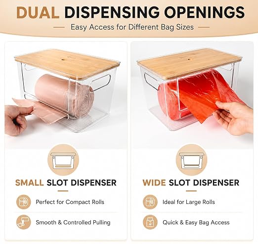 2-in-1 Stackable Trash Bag Dispenser & dishwasher pod holder with Wooden Top – Garbage Bag Holder for 13-33 Gallon Bags – Trash Bag Dispenser Under Sink with Anti-Slip Base for Laundry Detergent Pods