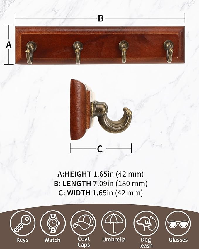 CypherX Key Holder Wall Mount Adhesive, Easy Removal Super Adhesive Tapes, No Damage Small Key Rack with 4 Hooks for Entryway Door Bathroom and Kitchen (Brown)