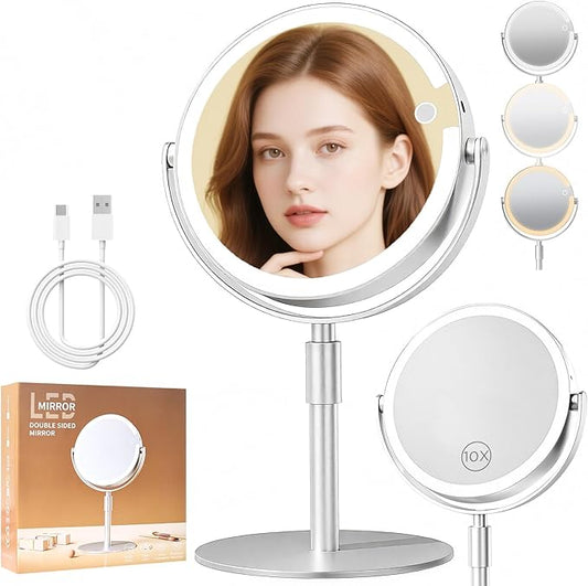 Lighted Makeup Mirror with Magnification (1X/10X), 8" Round Magnifying Vanity Mirror with Lights, Cordless Double Sided Light Weight Aluminum Alloy - Gifts Idea