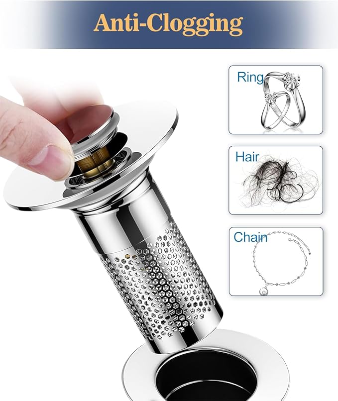 Bathroom Sink Drain Strainer, Universal Pop-up Sink Stopper with Removable Hair Catcher & Stainless Steel Filter Basket, Anti-Clog Drain Protector Fits Most US Standard Bathroom Sinks