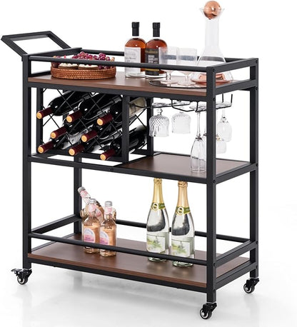 Giantex Bar Cart, 3 Tier Serving Cart for Home, 8 Wine Bottles Rack, Glass Holder, Industrial Mobile Kitchen Cart with Lockable Wheels and Handle, Storage Shelves for Drink Beverage
