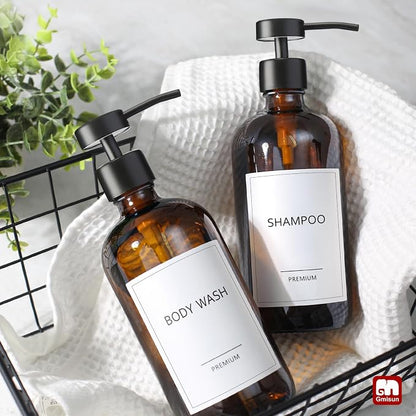 GMISUN Amber Glass Soap Dispenser, 2 Pack Bathroom Hand Soap Dispensers with Stainless Steel Flat Pump, 17 Fl Oz Kitchen Dish Soap Dispenser, Modern Vintage Liquid Brown Soap Dispensers Bottle Set