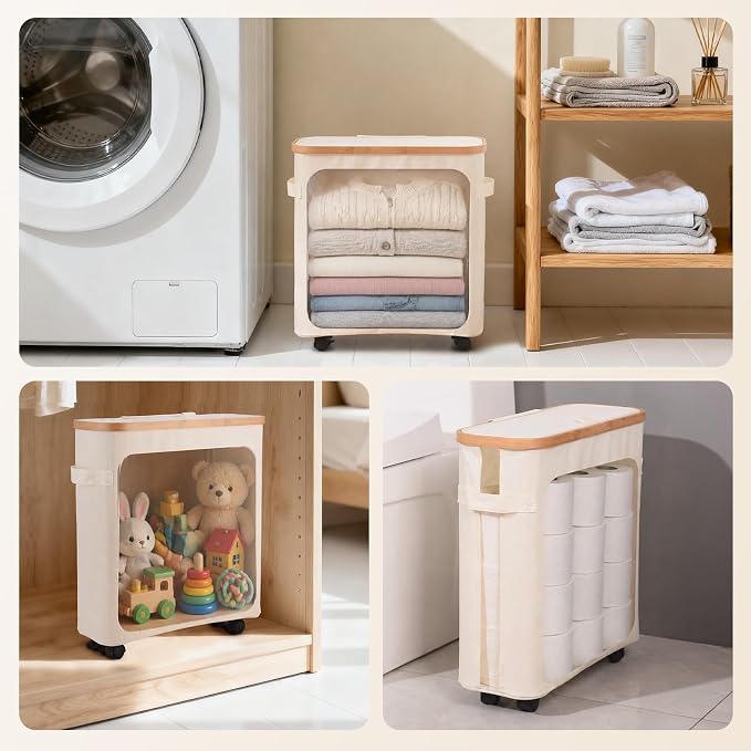 Upgraded Toilet Paper Storage Organizer with Lockable Wheels, 33L Slim Bathroom Hamper – Holds 16 Rolls, Mobile Laundry Basket for Bathroom, Bedroom, Dorm, Foldable & Waterproof (Beige)