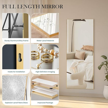 NEWBULIG Mirror Full Length, 64"x21" Body Wall Mirrors with Shatter-Proof Glass, Upgraded Floor Standing Mirror, Hanging or Leaning, with Stand Aluminum Alloy Frame for Home Decor, Bedroom, Gold
