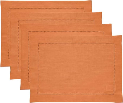 Solino Home Linen Placemats Set of 4 - Classic Hemstitch Pumpkin Placemats 14 x 19 Inch - 100% Pure Linen Table Mats