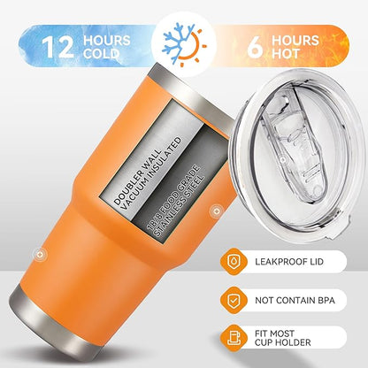 30 oz Tumbler with Lid Stainless Steel Tumblers Bulk Vacuum Insulated Cup Reusable Powder Coated Travel Mug Double Wall Leak Proof Cups Keep Cold Drinks for 12 Hours Orange, Set of 4